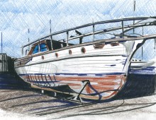 Boatyard yacht. Coloured Pencil
