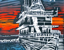 East Pier sunset. Lino print