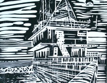 East Pier sunset. Lino Print black and white